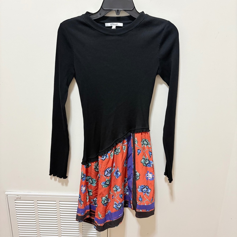Derek Lam 10 Crosby Mixed Media dress Women Black Sz 2 Silk Floral Asymmetrical